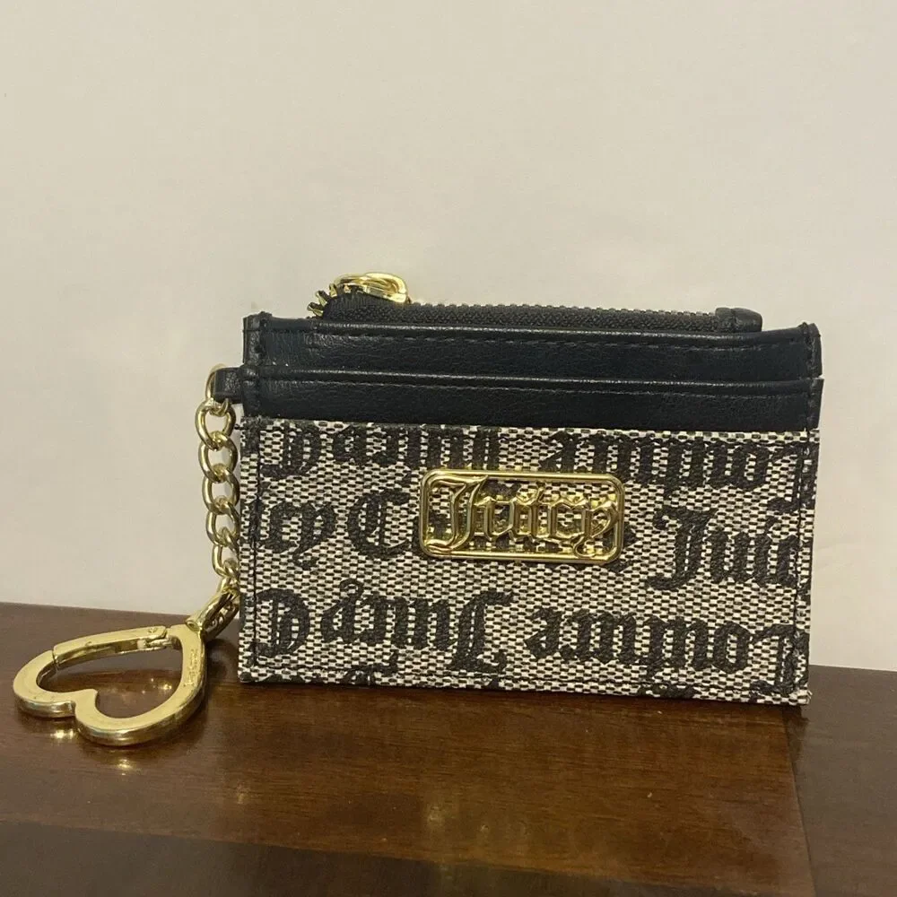 Juicy Couture Logo Heart Keychain Wallet Card Holder Black Gray EUC